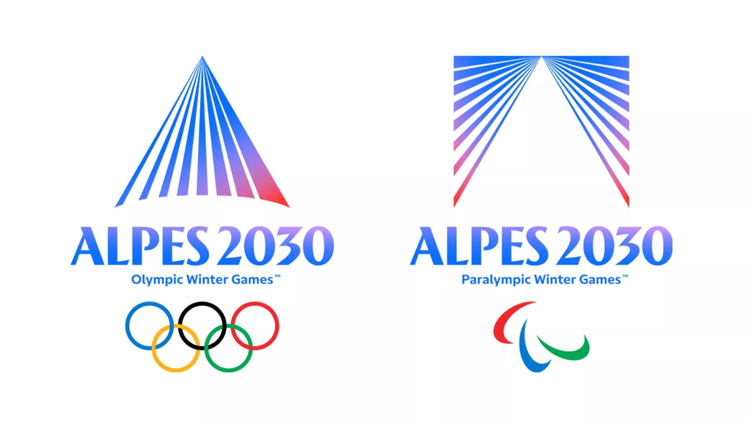 Présentation des deux emblèmes des Jeux Olympiques et Paralympiques des Alpes françaises 2030 dévoilés à Briançon le 19 juin 2026, à gauche le logo olympique avec une silhouette de montagne en triangle pointe vers le haut dessinée par sept rayons de lumière fins en dégradé bleu azur et rouge alpenglow