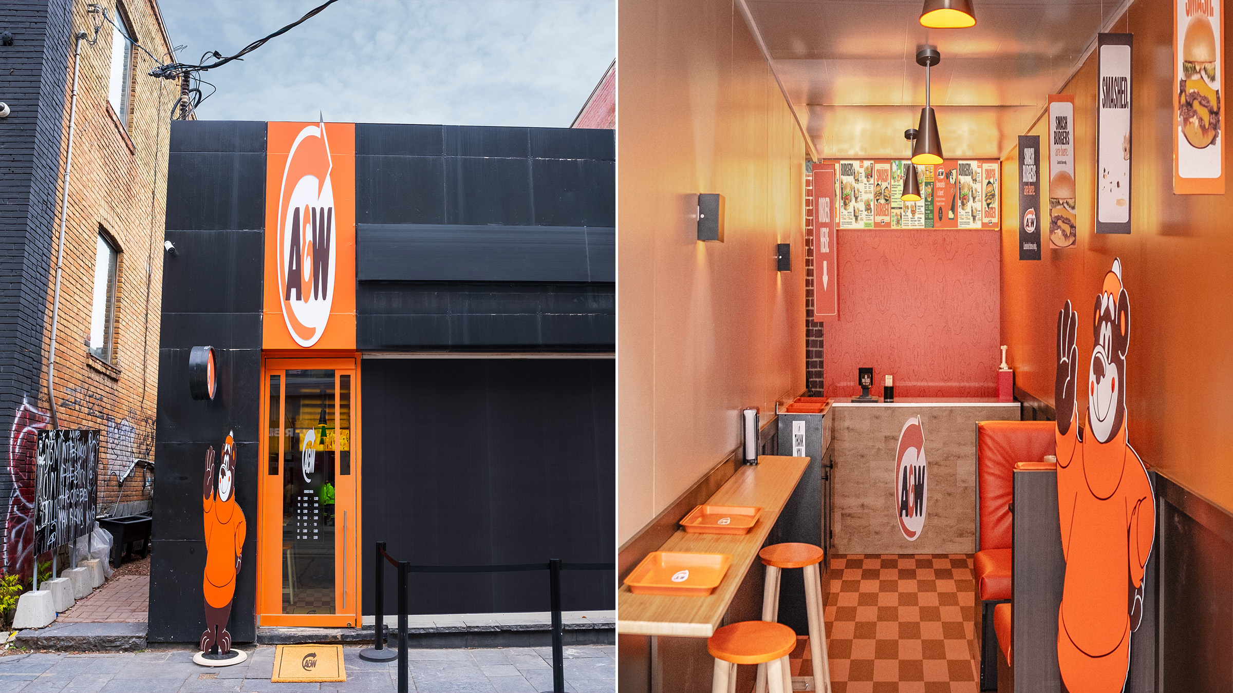 A&W Canada x Rethink, restaurant de Toronto transformé en pop-up écrasé pour lancer le premier smash burger national de la chaîne, façade enfoncée et mascotte Rooty aplatie, mai 2026