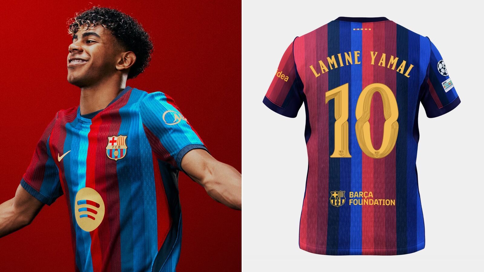 Photographie diptyque officielle du nouveau maillot domicile 2026-2027 du FC Barcelone dévoilé au MACBA le 30 juin 2026, à gauche portrait posé en trois-quarts de Lamine Yamal jeune joueur aux cheveux bouclés châtain souriant les yeux levés bras ouvert dans le maillot rayé blaugrana à six nuances de rouge et de bleu marine flocké du logo doré du FC Barcelone du logo Spotify et de la Barça Foundation sur fond dégradé rouge sombre, à droite plan produit à plat sur fond blanc du dos du maillot floqué de LAMINE YAMAL et du numéro 10 doré à ornementations intérieures dans la nouvelle typographie FC Barcelona Modernista à courbes et volutes inspirées du modernisme catalan avec écusson UEFA Champions League à droite