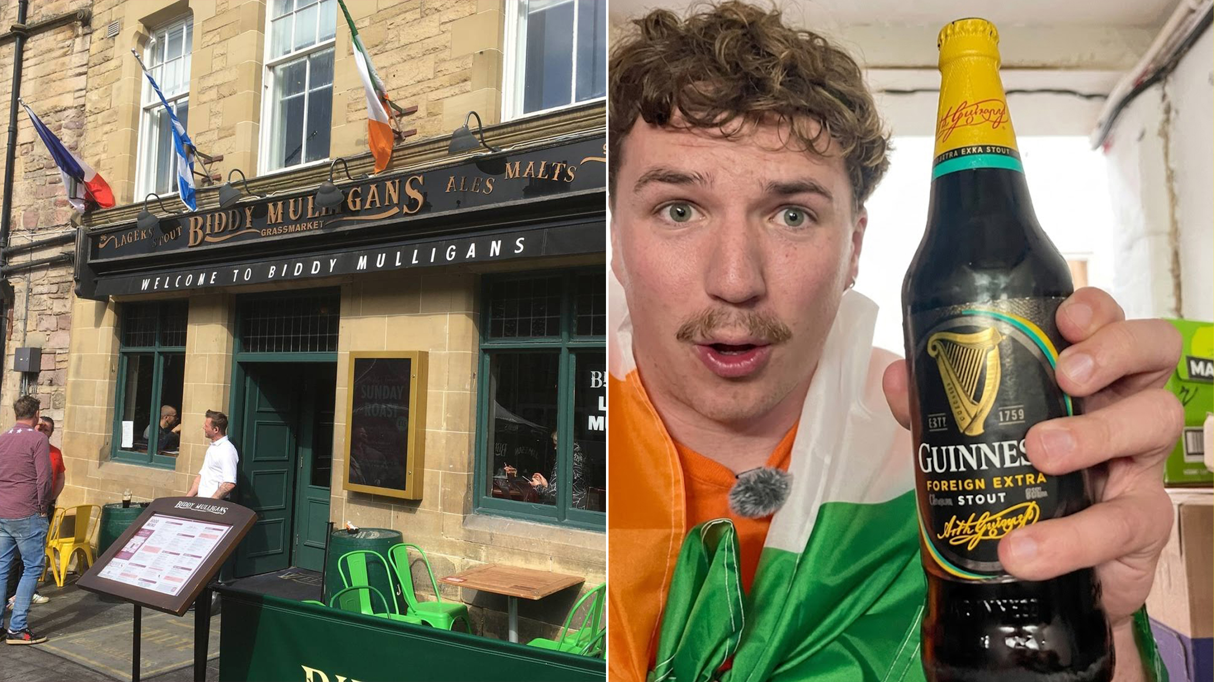 Biddy Mulligan's, pub irlandais du Grassmarket à Edinburgh, drapeaux retournés pour devenir le premier pub ivoirien d'Écosse le temps de la Coupe du Monde 2026, juin 2026