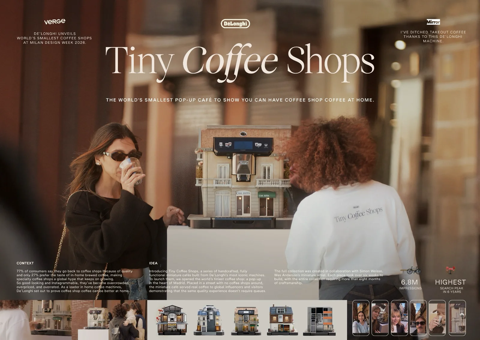 Visuel double cadrage de la campagne Tiny Coffee Shops signée LOLA Madrid pour De'Longhi récompensée du Grand Prix Industry Craft aux Cannes Lions 2026, à gauche une femme aux lunettes de soleil sirote un café en terrasse à Londres, à droite une jeune femme bouclée en hoodie blanc face à une machine De'Longhi habillée en miniature de petit café parisien avec auvent, vitrine et lampes