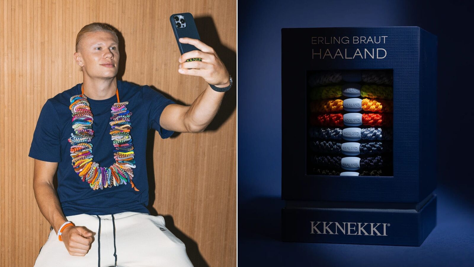Visuel de campagne signé Kknekki pour la Haaland Edition dévoilée par la marque Bon Dep le 29 juin 2026 en Norvège avant la Coupe du Monde 2026, image partagée en deux volets, à gauche portrait chaleureux d'Erling Haaland en tee-shirt bleu marine et pantalon de jogging beige assis contre un mur en lattes de bois clair et prenant un selfie avec un iPhone tandis qu'il porte autour du cou une immense guirlande faite de dizaines d'élastiques à cheveux Kknekki multicolores, à droite gros plan produit de la boîte de collection Erling Braut Haaland en carton bleu nuit présentant l'alignement vertical des huit élastiques de la Haaland Edition avec leur perle métallique gravée HAALAND, logo Kknekki argenté sur socle