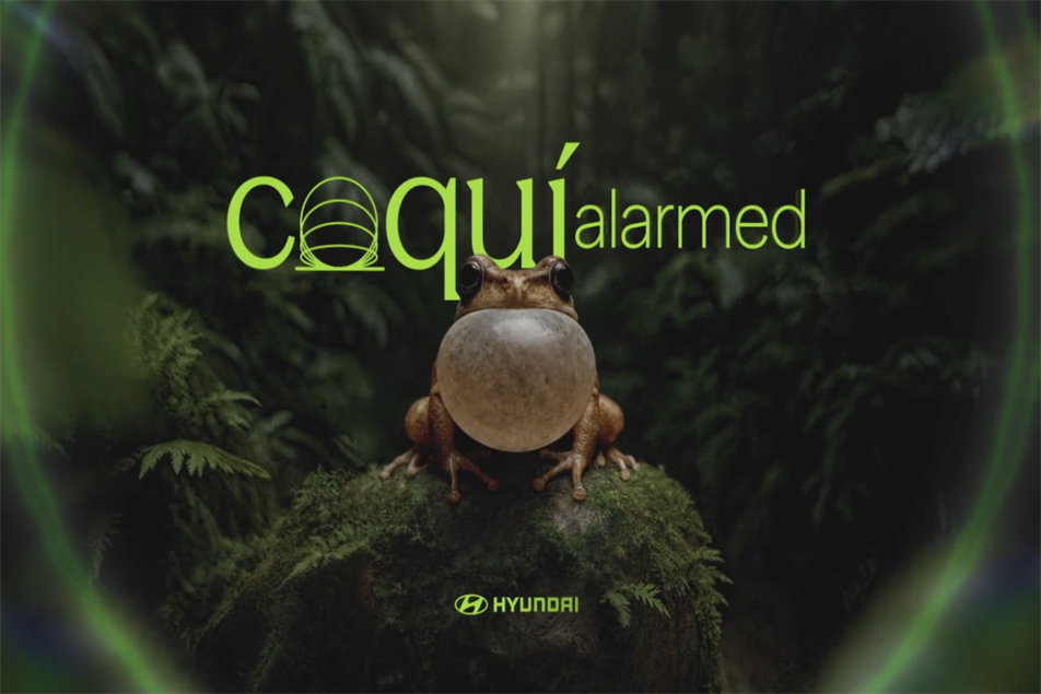 Visuel principal de la campagne Coqui Alarmed signée BBDO Puerto Rico pour Hyundai Puerto Rico dévoilée en janvier 2026, plongée plein cadre sur une grenouille coquí brune trapue de Porto Rico vue de dos sur un sol moussu humide entouré de larges feuilles tropicales vert sombre, ambiance forêt humide nocturne en lumière vert acide, titre Coquí alarmed en lettres vertes phosphorescentes