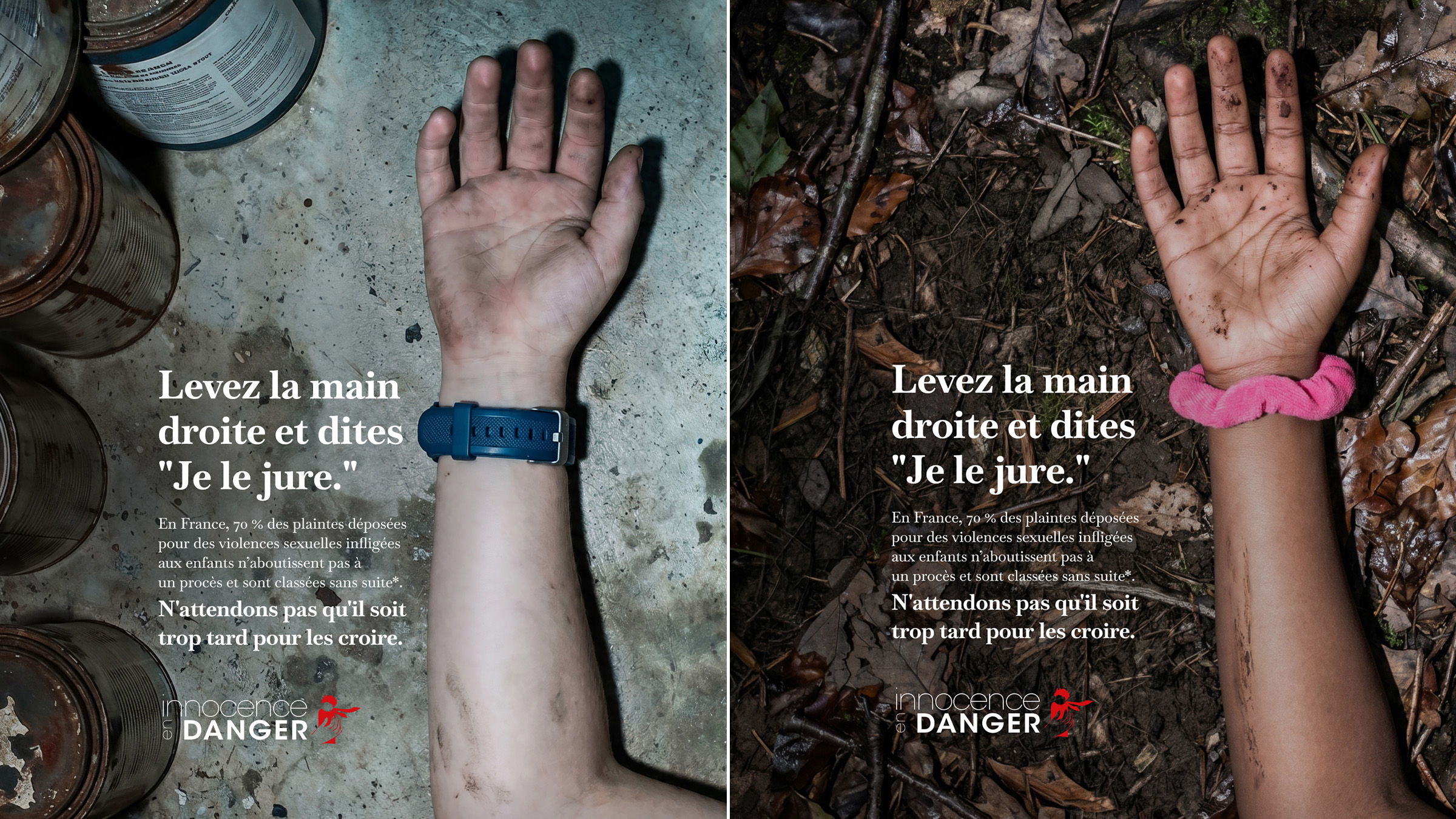 Visuel principal de la campagne Innocence en Danger signée Babel dévoilée le 18 juin 2026, photographie en lumière naturelle d'une main d'enfant retombée au sol paume ouverte sur un dallage gris poussiéreux jonché de débris, un chouchou rose pâle au poignet et bracelet de perles colorées