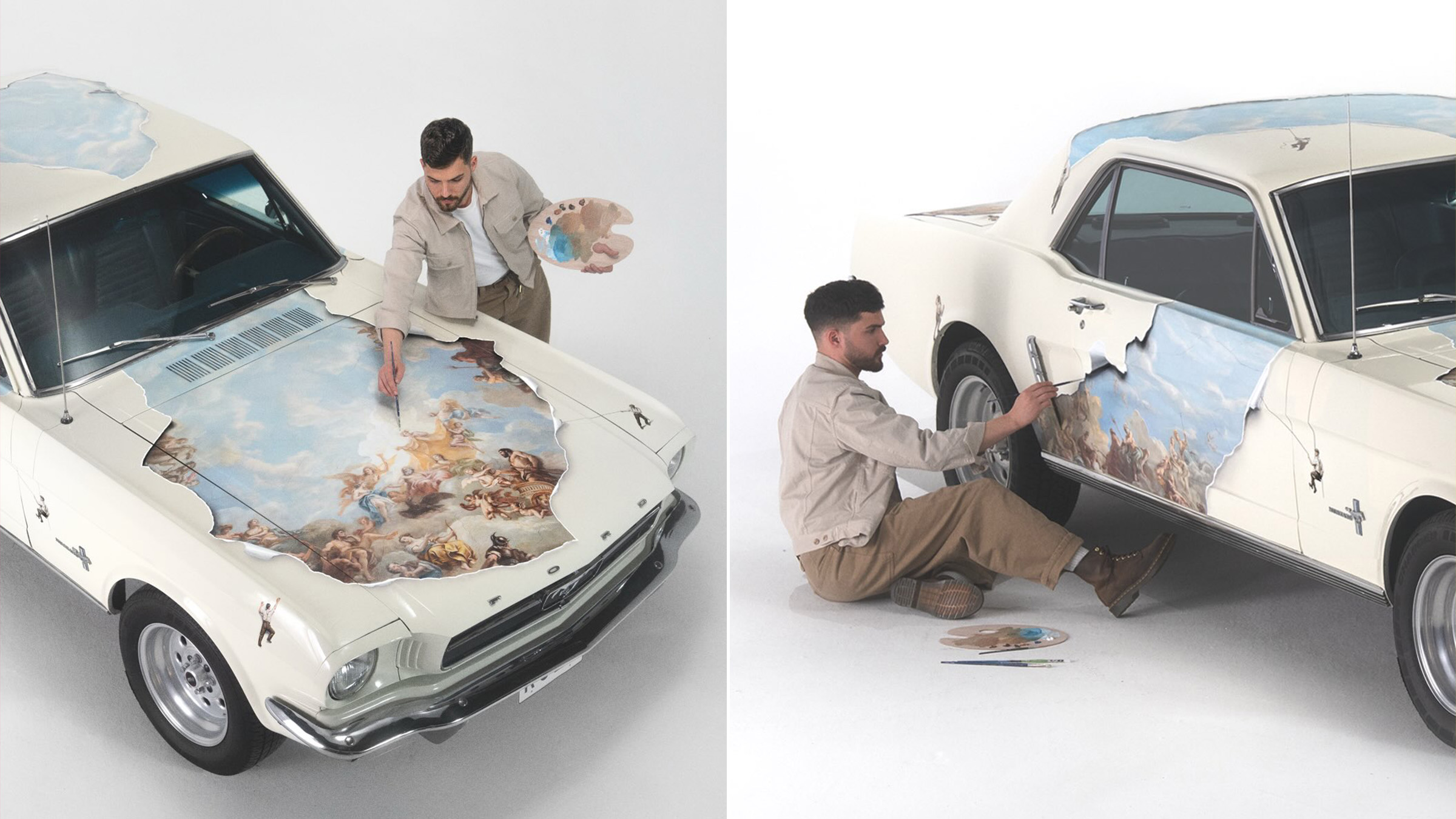 Ford Mustang Coupé 1965 peinte par Kozo avec une fresque inspirée du Salon d'Hercule de Versailles
