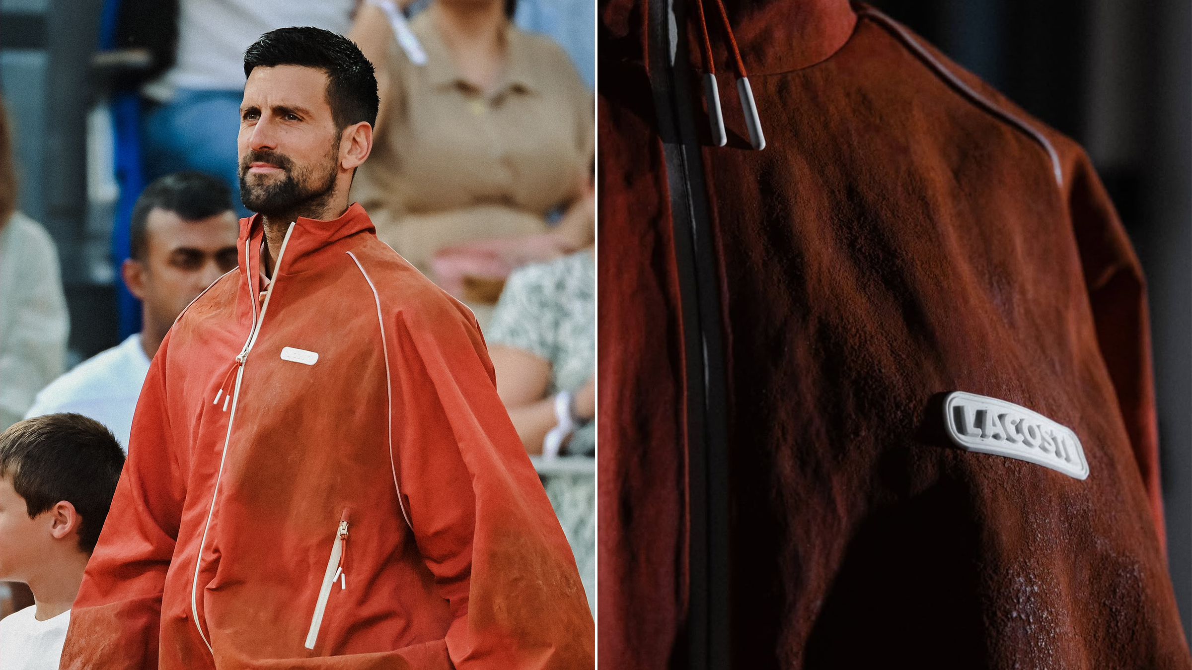 Veste sur-mesure Lacoste pour Novak Djokovic à Roland-Garros 2026, infusée à la terre battue, conçue par Pelagia Kolotouros