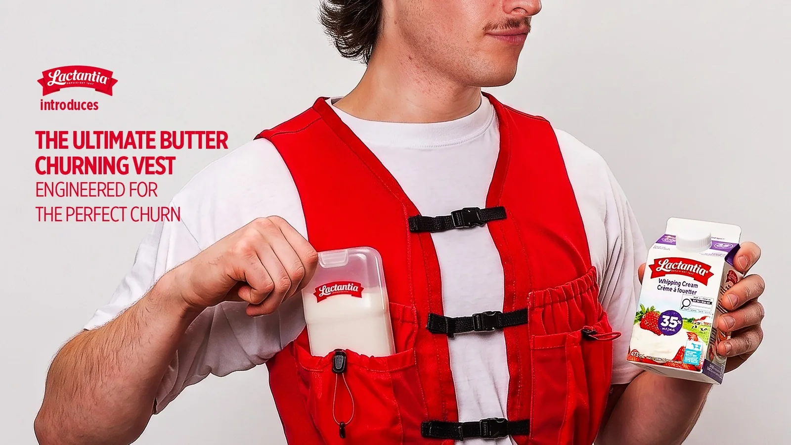 Coureuse en équipement urbain noir portant L'ultime veste de barathon Lactantia dévoilée le 12 juin 2026, gilet de running équipé d'un contenant transparent BPA-free à boule kinétique pour transformer la crème en beurre pendant la course, isolation thermique active intégrée à l'avant et fenêtre de visualisation, sur fond de rue résidentielle québécoise au lever du soleil