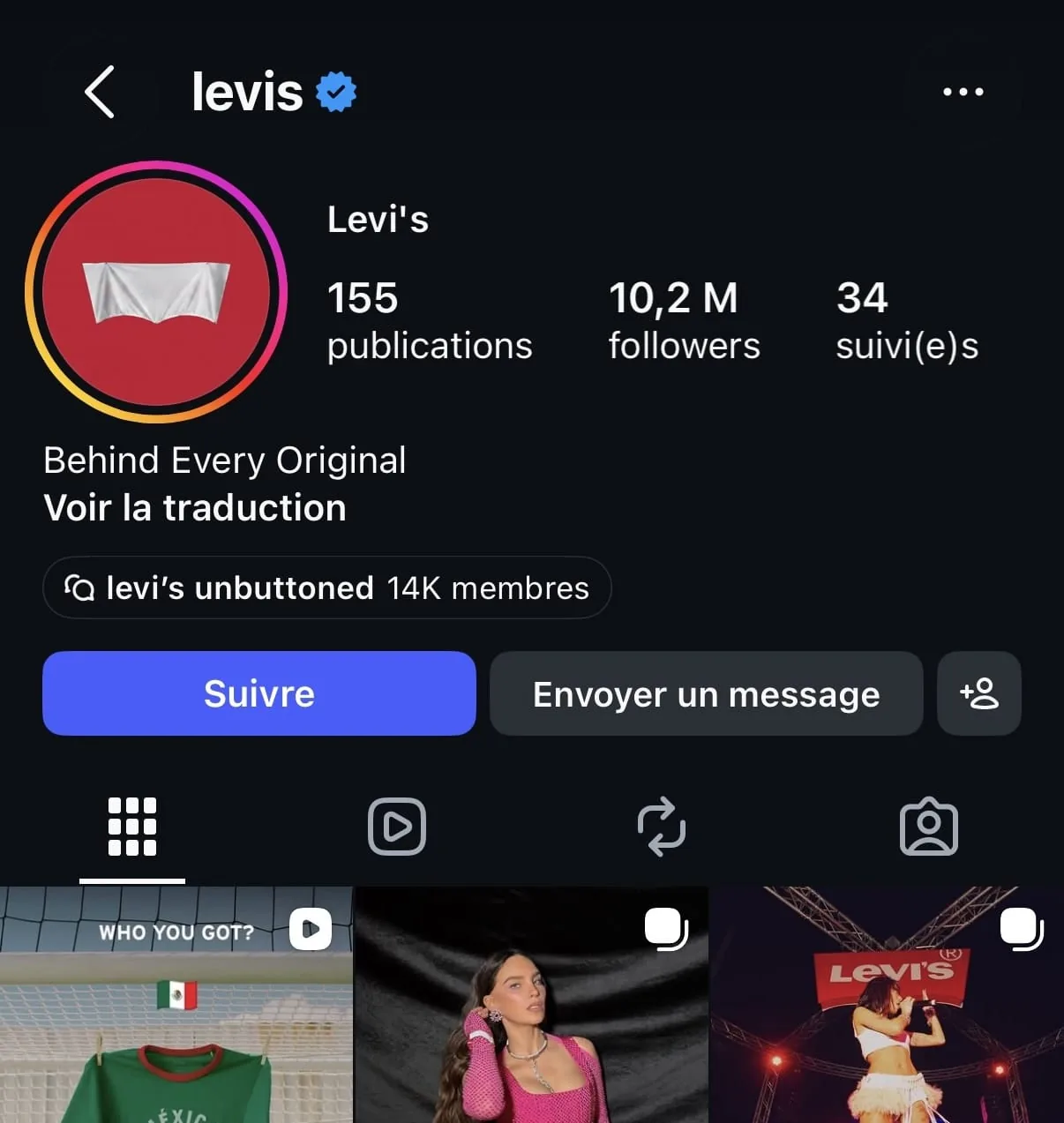 Capture d'écran du profil Instagram officiel de Levi's daté du 13 juin 2026, la marque a remplacé sa photo de profil par son logo batwing rouge entièrement recouvert d'une bâche blanche froissée, biographie Behind Every Original avec 10,2 millions de followers visibles au-dessus de la grille de publications montrant la rue, des concerts, et un maillot du Mexique accroché à un filet de cage