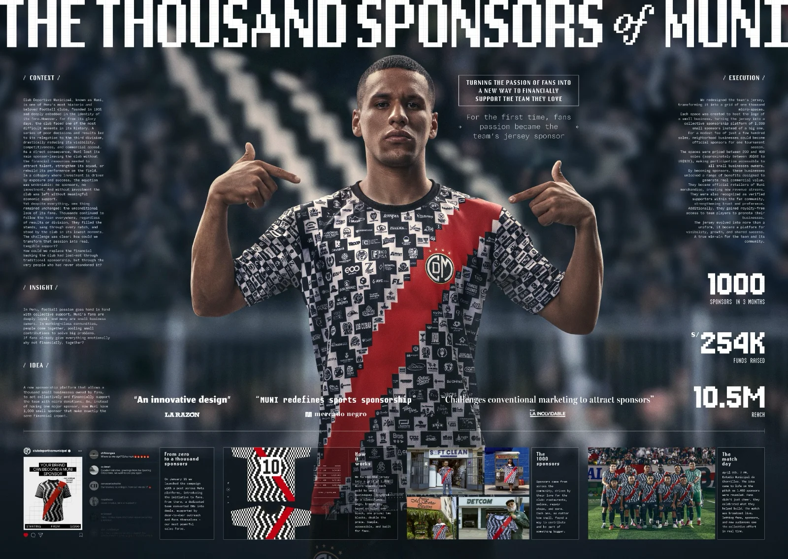 Visuel principal de la campagne The Thousand Sponsors of Muni signée McCann Lima pour le Club Deportivo Municipal récompensée du Grand Prix Entertainment for Sport aux Cannes Lions 2026, portrait studio d'un joueur métis en maillot officiel du Muni au motif damier noir et blanc strié d'une bande rouge sang en biais, joueur pointant des deux mains vers le logo brodé au centre, fond gris sombre