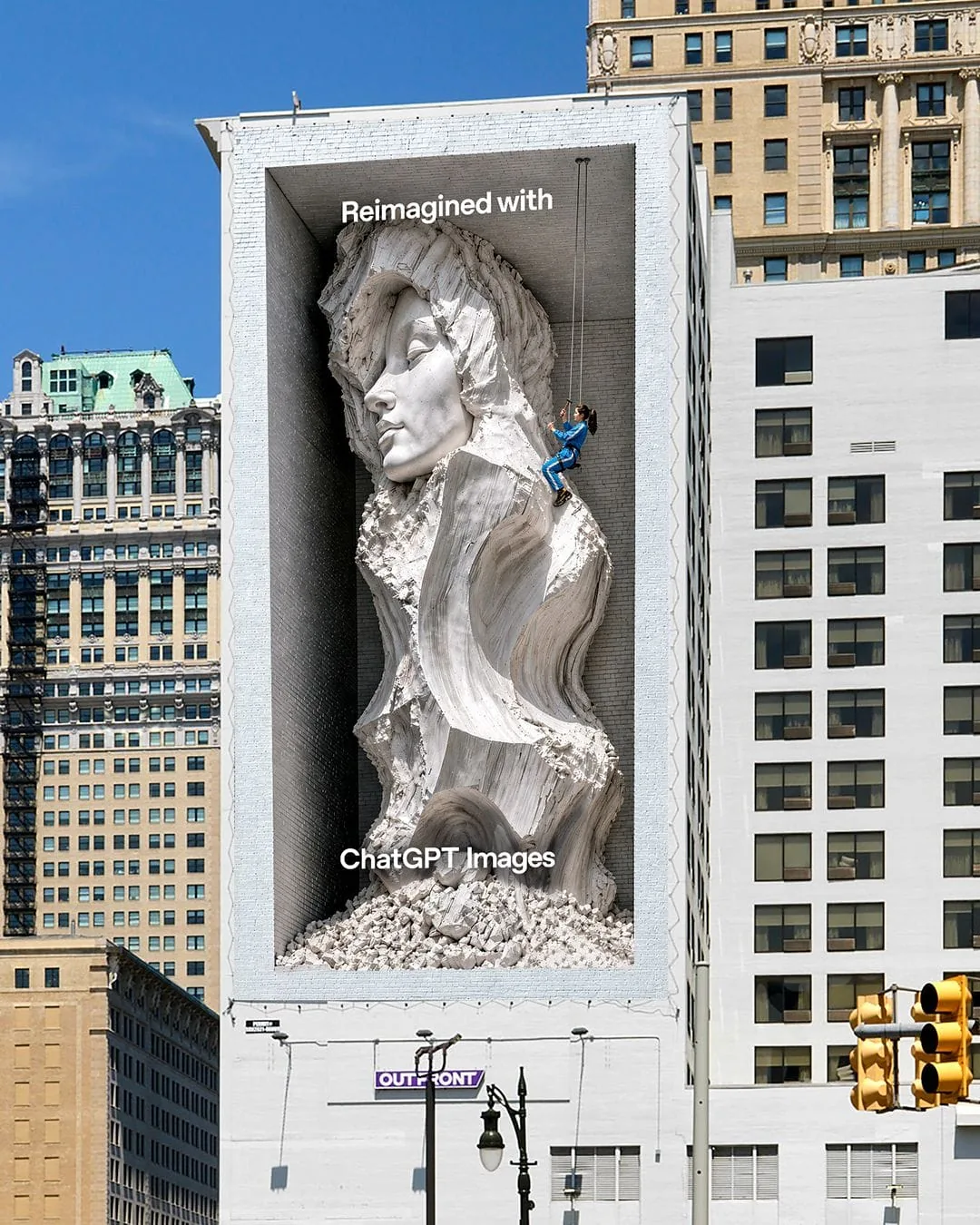 Affichage géant en trompe-l'oeil signé OpenAI dévoilé le 15 juin 2026 sur la façade d'un immeuble de Detroit, sculpture monumentale de femme aux longs cheveux ondulés générée par ChatGPT Images 2.0 émergeant littéralement d'une niche creusée dans le bâtiment blanc, ouvrier en harnais bleu en rappel le long de la sculpture, panneau OUTFRONT visible en bas, slogan Reimagined with ChatGPT Images en blanc