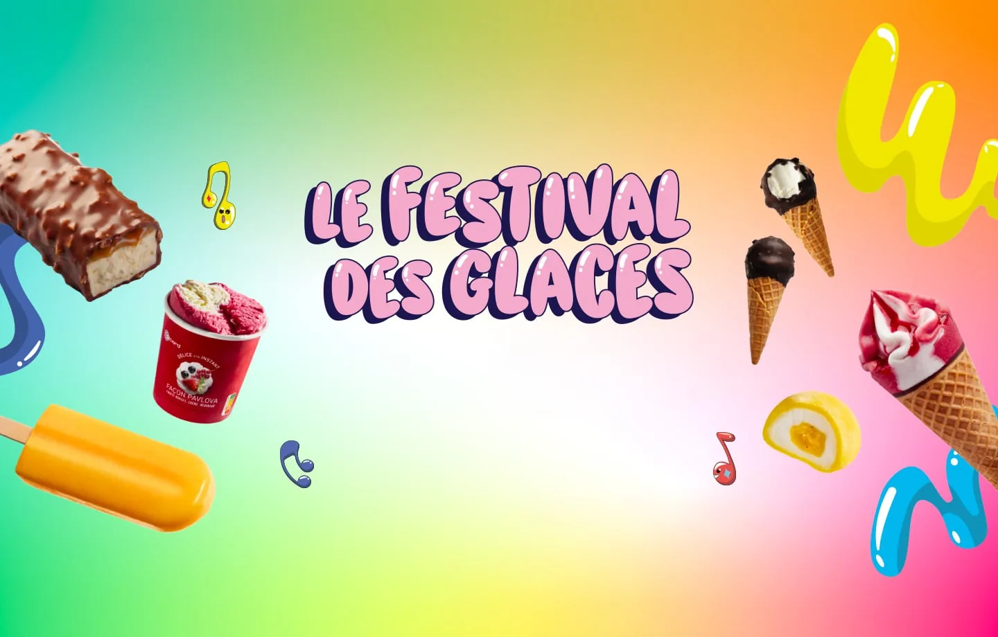 Visuel principal du Festival des Glaces Picard dévoilé le 16 juin 2026, composition de glaces et de sorbets disposés en pyramide colorée sur fond pastel turquoise et rose, mochis ronds glacés à la fraise et au yuzu, esquimaux violet et rouge en hommage aux festivals