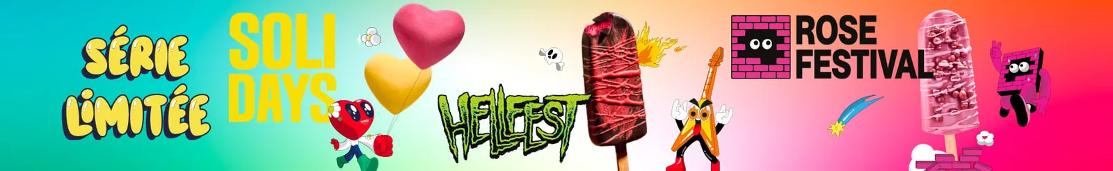 Bannière publicitaire du Festival des Glaces Picard du 16 juin 2026, alignement horizontal des trois recettes exclusives conçues pour les festivals d'été, esquimau violette pour le Rose Festival de Toulouse à gauche, mochis cœur pour Solidays au centre, sorbet fruits rouges piment pour Hellfest à droite, fond rose pastel, slogan trois glaces trois festivals