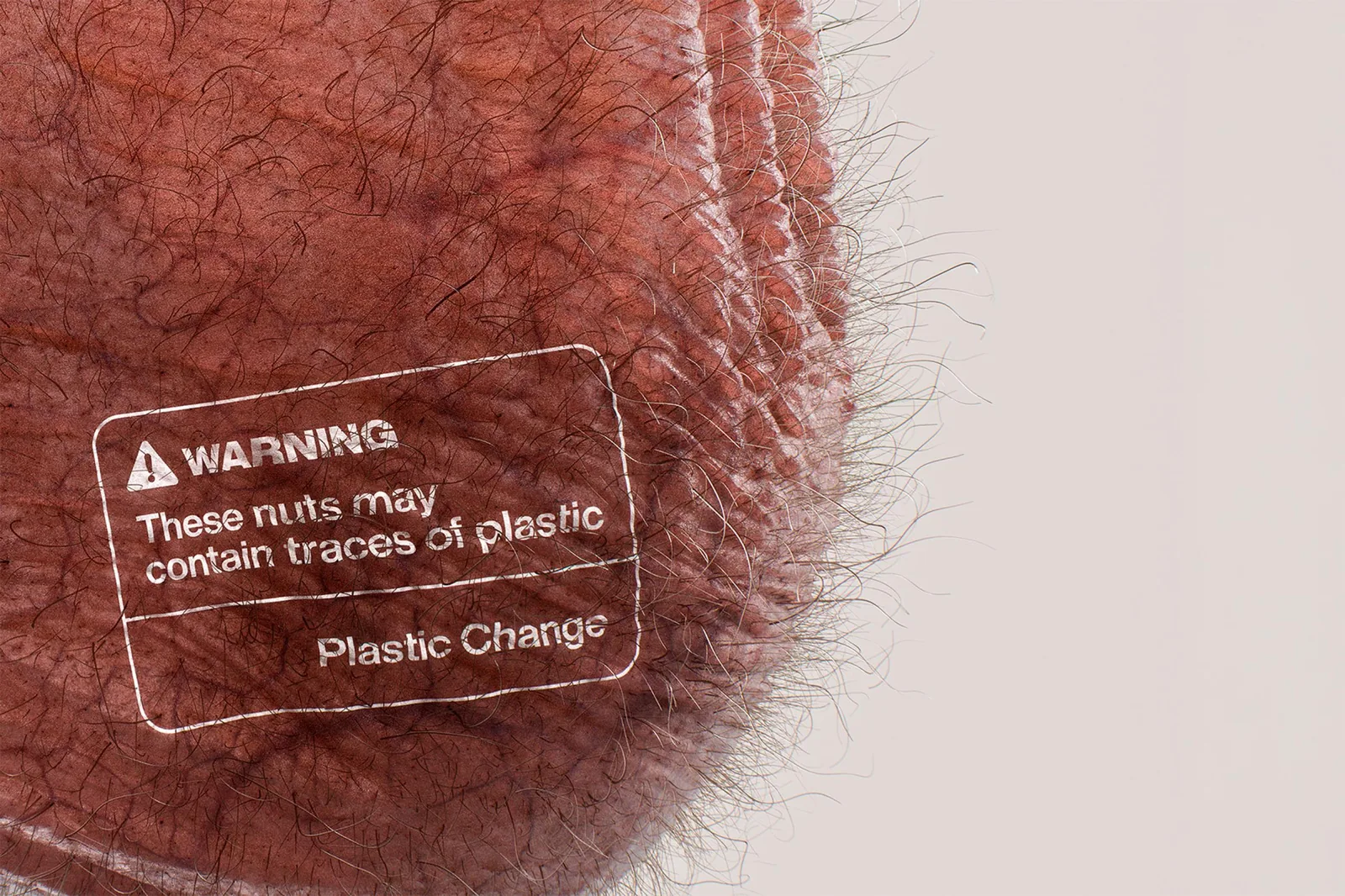 Gros plan sur l'un des visuels de la campagne Plastic Change x Worth Your While These Nuts May Contain Traces of Plastic, peau testiculaire maquillée en packaging alimentaire avec étiquette WARNING détournée des allergènes, listant les microplastiques comme ingrédient, opération affichage Danemark juin 2026