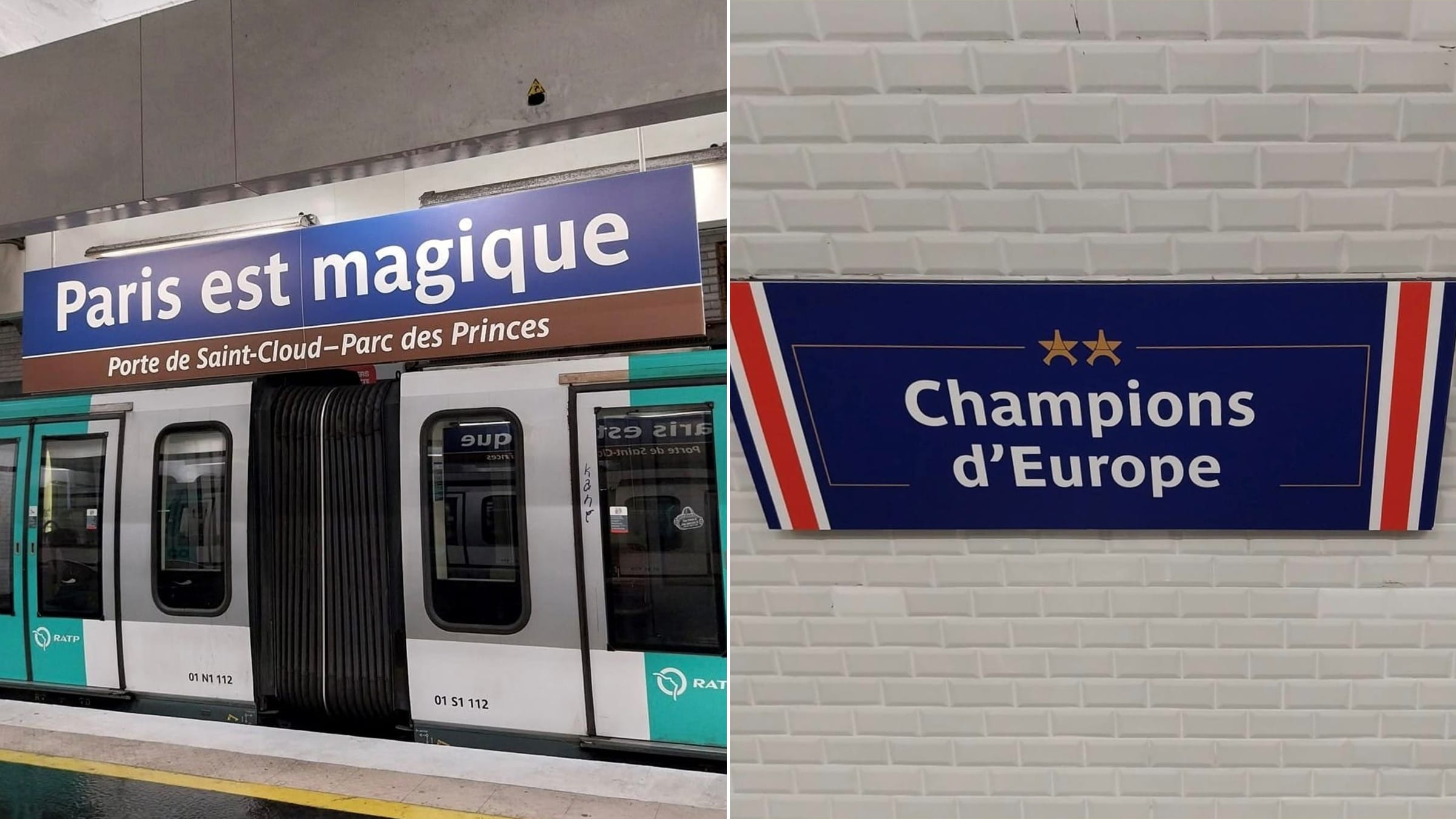 RATP rebaptise la station Europe en Champions d'Europe, la station Porte de Saint-Cloud en Paris est magique et la station Rue du Bac en Rue du Back 2 back pour célébrer le deuxième sacre européen du PSG, 31 mai 2026