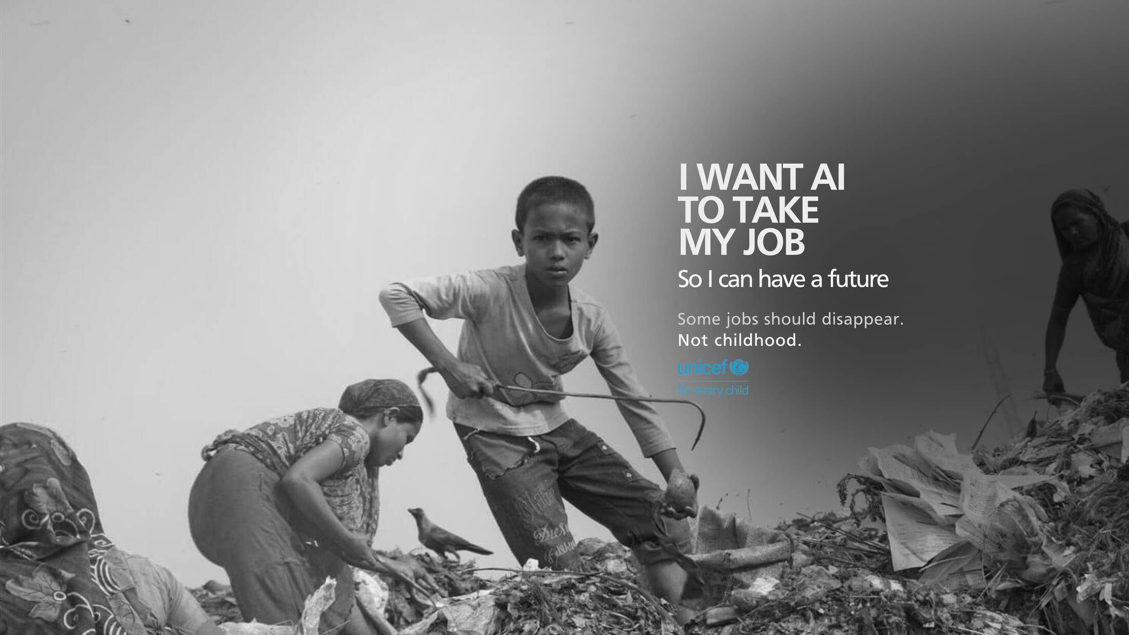 UNICEF Inde, série I Want AI To Take My Job par Arun Anoop pour One Minute Briefs, print d'un enfant au travail regardant l'objectif avec la phrase virale détournée, mai 2026