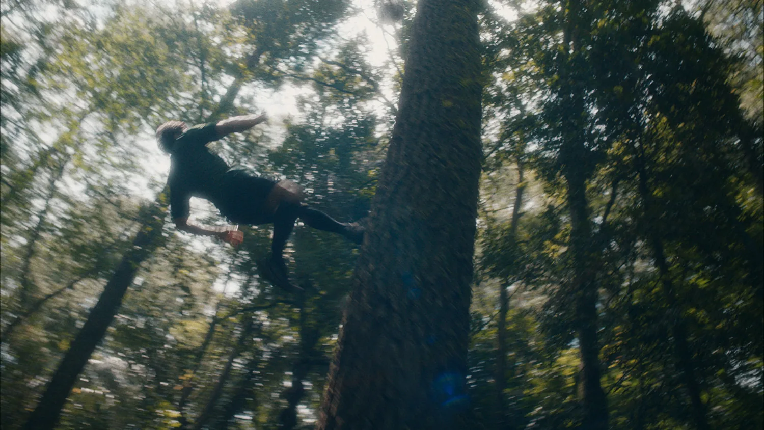 Deuxième plan du film Team Forest WWF du 11 juin 2026, joueur en short noir suspendu en plein bond le long d'un tronc d'arbre tropical, mouvement vertical type freerun ou parkour, canopée verte traversée de rayons de soleil en contre-plongée, terrain de jeu fait d'écorce et de mousse